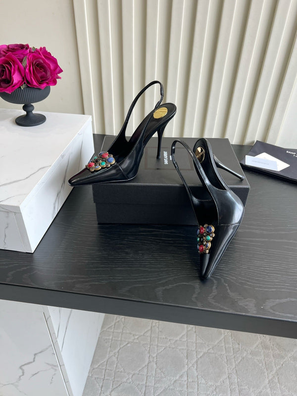 YSL Iceland Slingback Pumps 10CM Crystal Embellishment Black Leather 956512