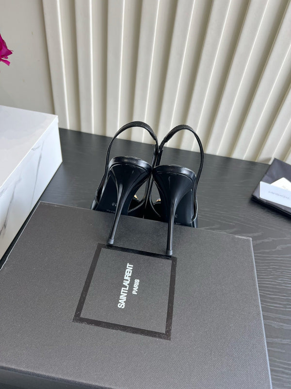 YSL Iceland Slingback Pumps 10CM Crystal Embellishment Black Leather 956512