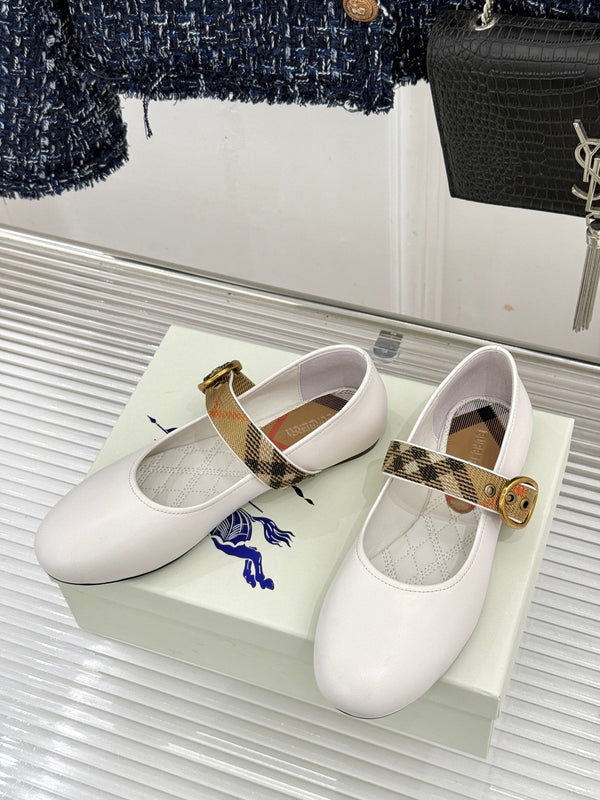 Burberry Robin Mary Jane Flats Check Strap White Leather 956171
