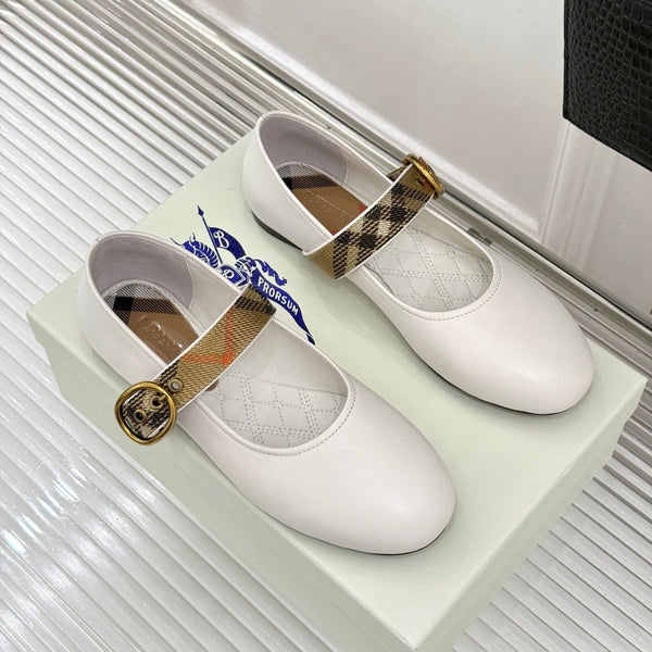 Burberry Robin Mary Jane Flats Check Strap White Leather 956171