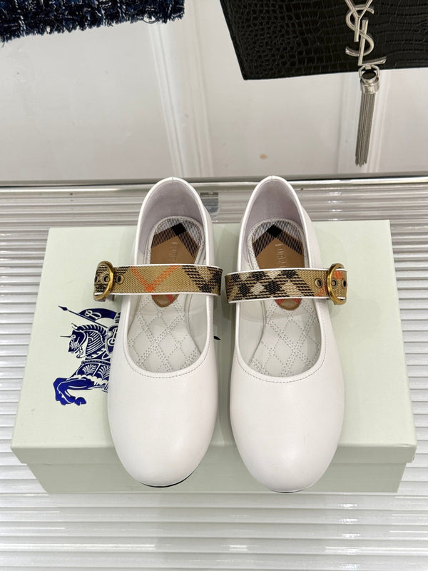 Burberry Robin Mary Jane Flats Check Strap White Leather 956171