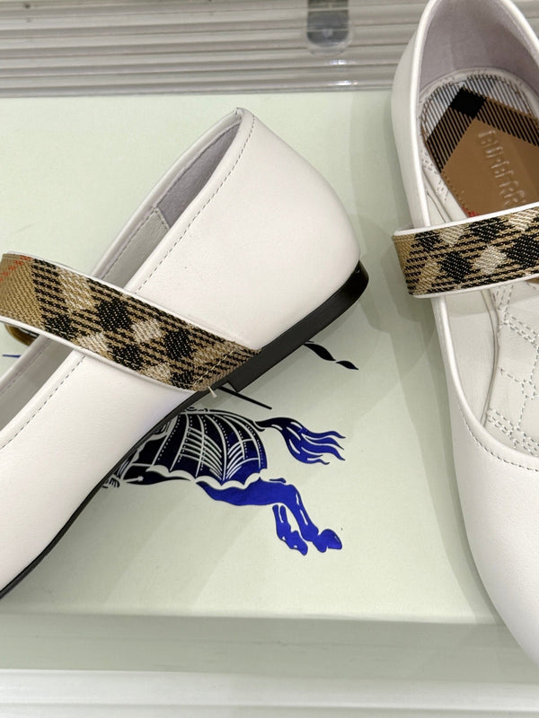 Burberry Robin Mary Jane Flats Check Strap White Leather 956171