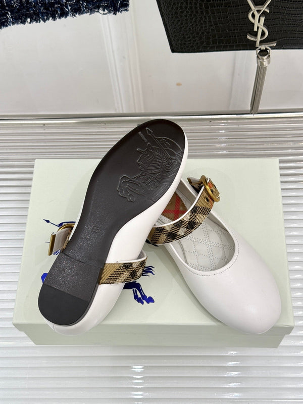 Burberry Robin Mary Jane Flats Check Strap White Leather 956171