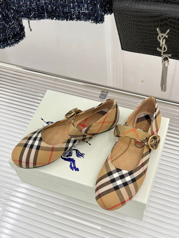 Burberry Robin Mary Jane Flats Beige Check Canvas 956169