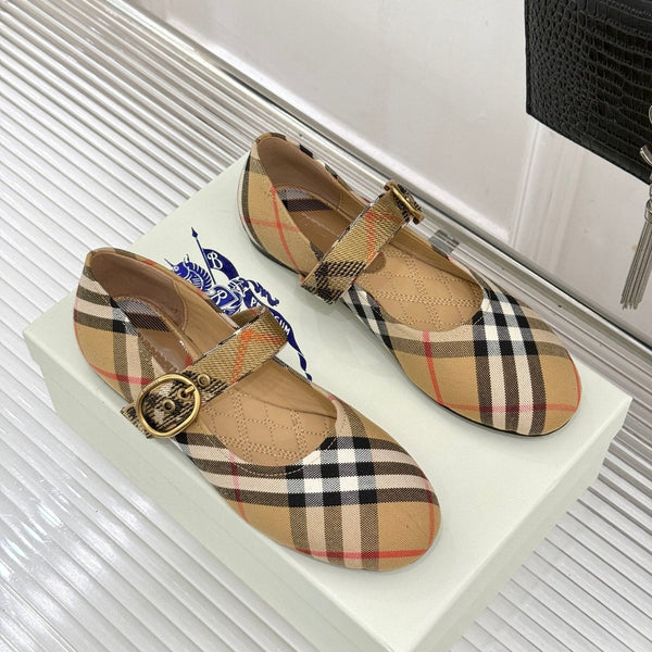Burberry Robin Mary Jane Flats Beige Check Canvas 956169