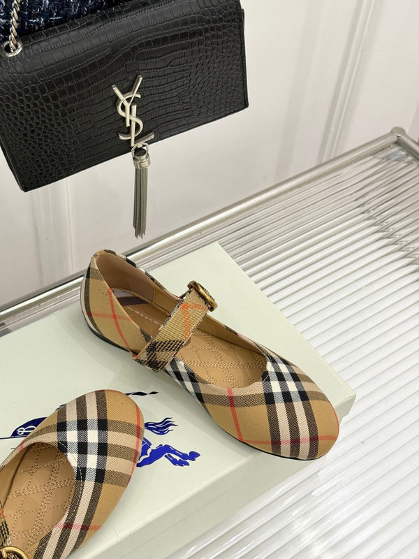 Burberry Robin Mary Jane Flats Beige Check Canvas 956169
