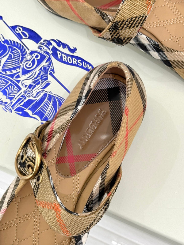 Burberry Robin Mary Jane Flats Beige Check Canvas 956169