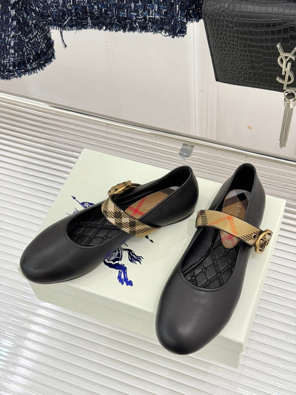 Burberry Robin Mary Jane Flats Check Strap Black Leather 956170