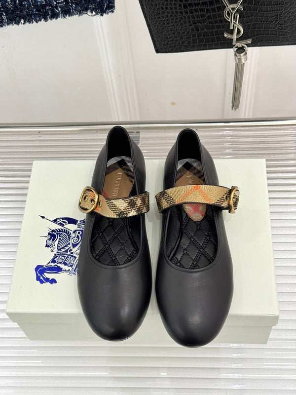 Burberry Robin Mary Jane Flats Check Strap Black Leather 956170