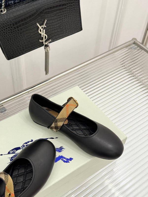 Burberry Robin Mary Jane Flats Check Strap Black Leather 956170