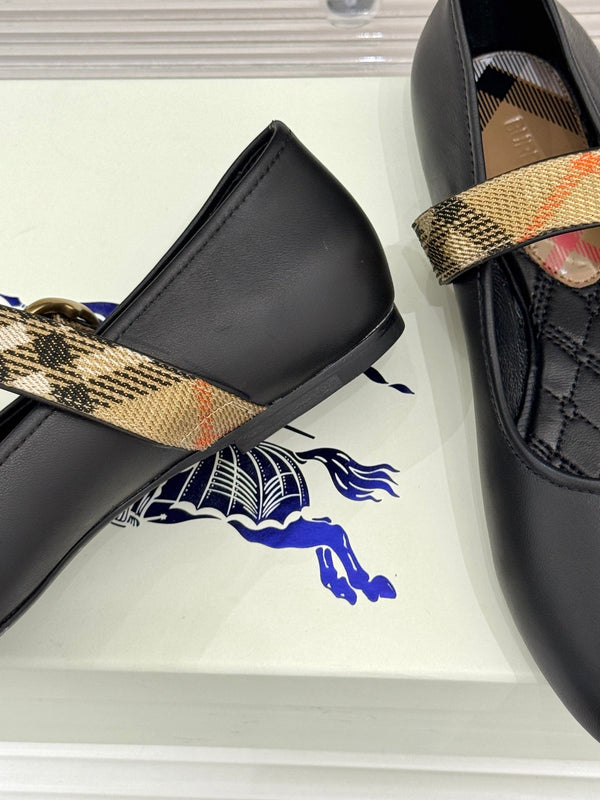 Burberry Robin Mary Jane Flats Check Strap Black Leather 956170