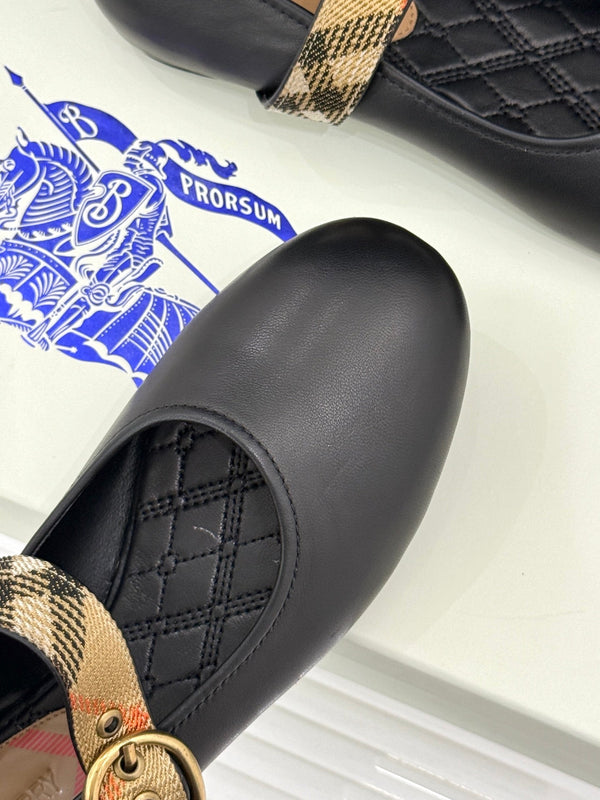 Burberry Robin Mary Jane Flats Check Strap Black Leather 956170