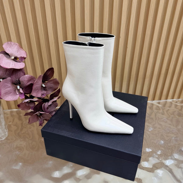 YSL Pointed-Toe Stiletto Ankle Boots 8CM White Leather 955834