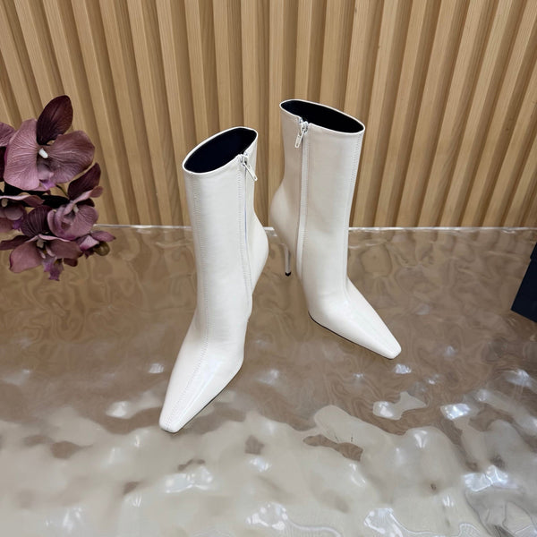 YSL Pointed-Toe Stiletto Ankle Boots 8CM White Leather 955834