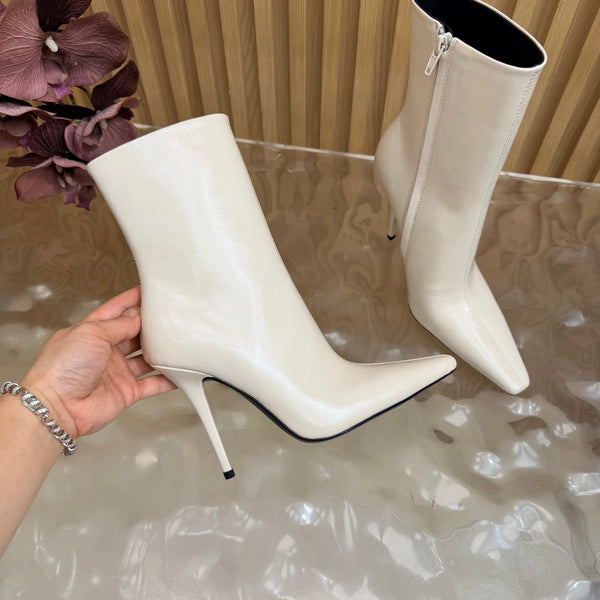 YSL Pointed-Toe Stiletto Ankle Boots 8CM White Leather 955834