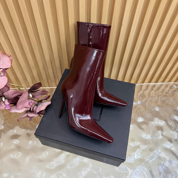 YSL Pointed-Toe Stiletto Ankle Boots 8CM Burgundy Leather 955833