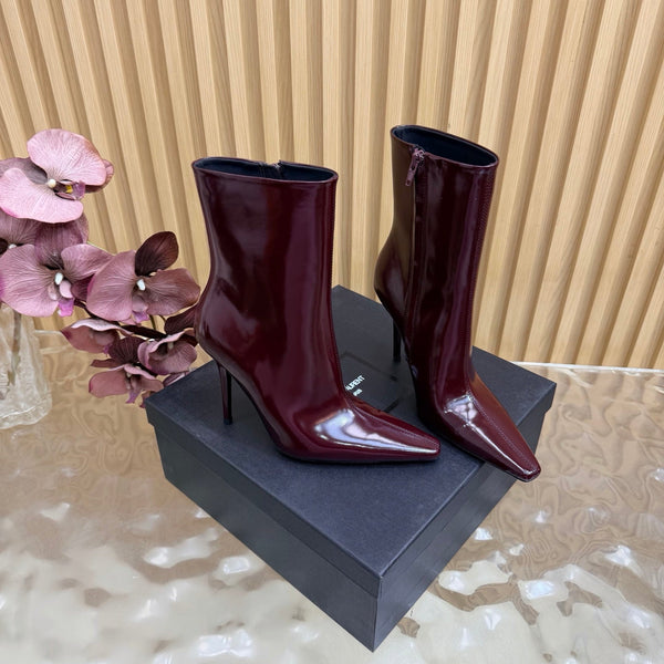 YSL Pointed-Toe Stiletto Ankle Boots 8CM Burgundy Leather 955833
