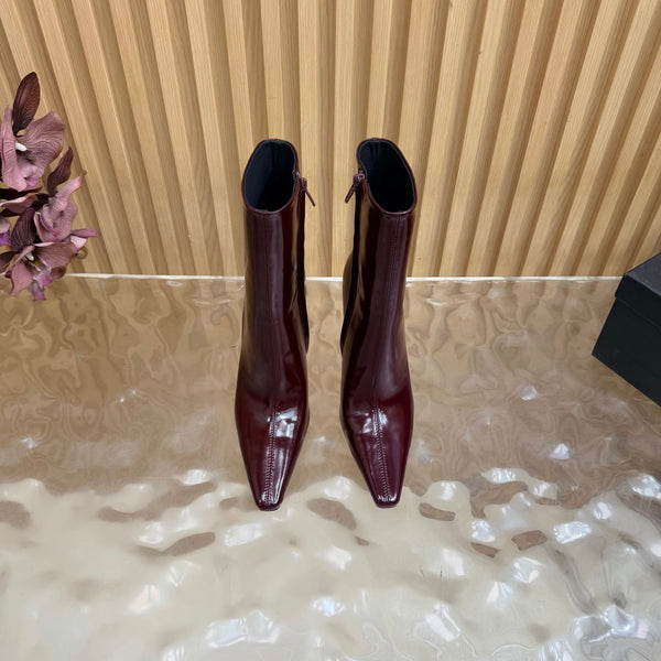 YSL Pointed-Toe Stiletto Ankle Boots 8CM Burgundy Leather 955833