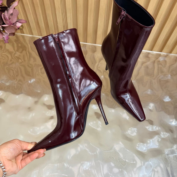 YSL Pointed-Toe Stiletto Ankle Boots 8CM Burgundy Leather 955833