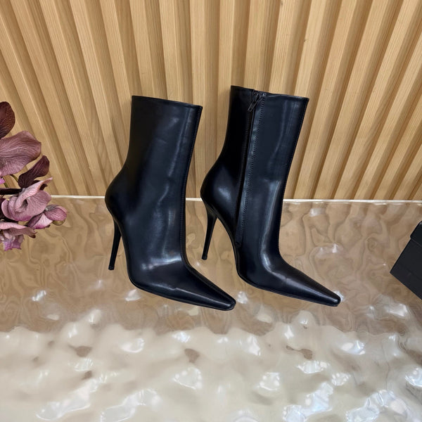 YSL Pointed-Toe Stiletto Ankle Boots 8CM Black Leather 955831