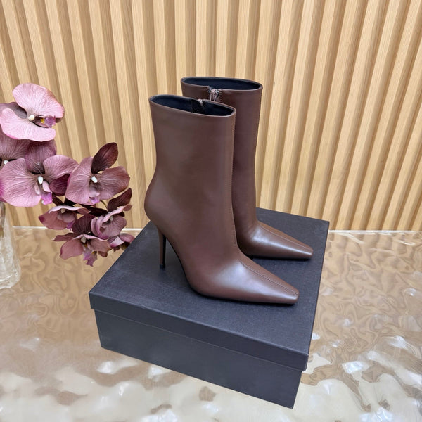 YSL Pointed-Toe Stiletto Ankle Boots 8CM Brown Leather 955832