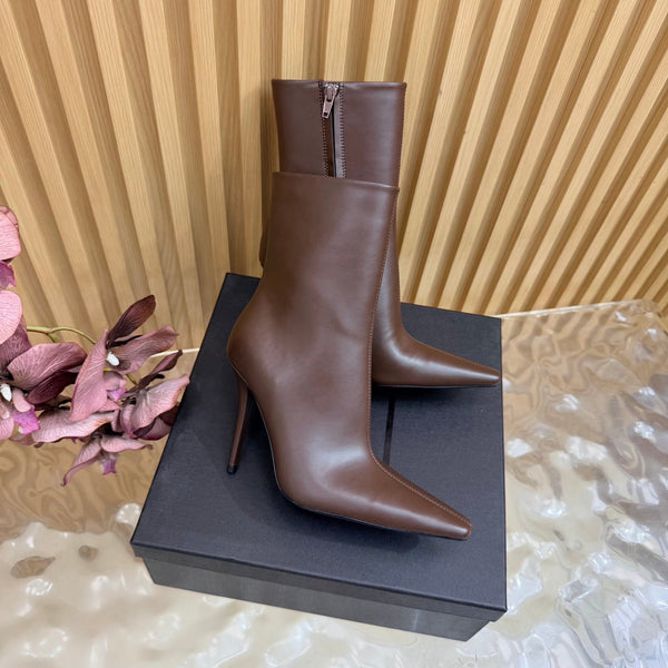 YSL Pointed-Toe Stiletto Ankle Boots 8CM Brown Leather 955832