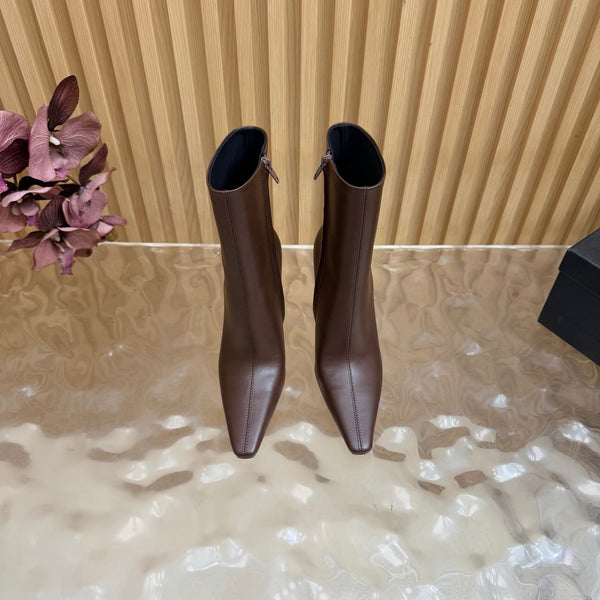YSL Pointed-Toe Stiletto Ankle Boots 8CM Brown Leather 955832