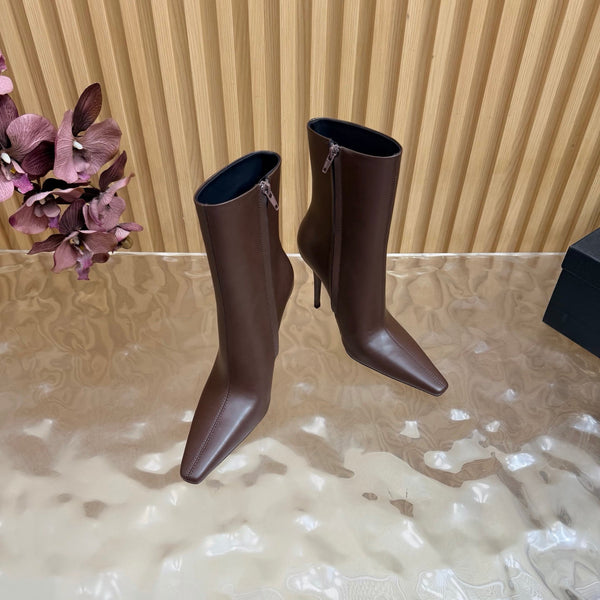 YSL Pointed-Toe Stiletto Ankle Boots 8CM Brown Leather 955832