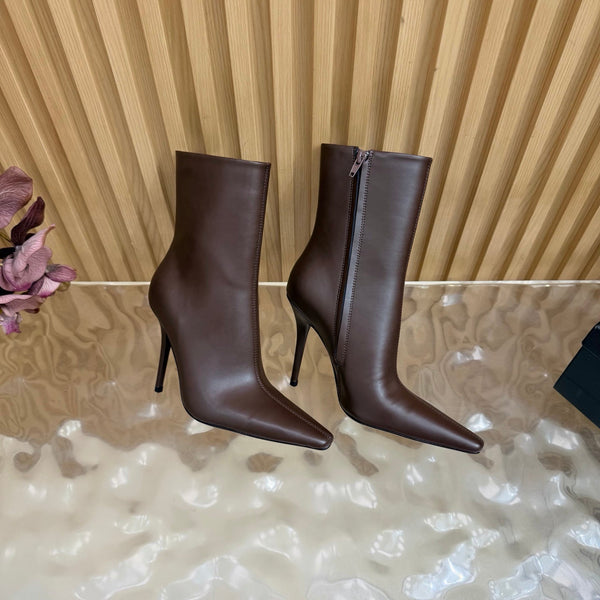 YSL Pointed-Toe Stiletto Ankle Boots 8CM Brown Leather 955832