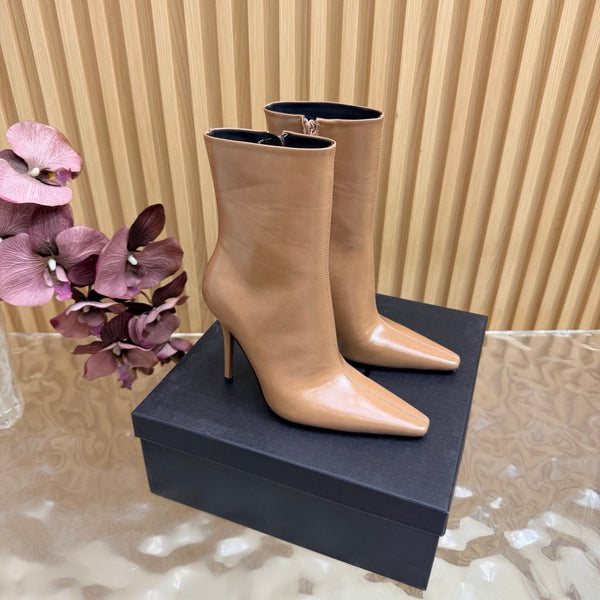 YSL Pointed-Toe Stiletto Ankle Boots 8CM Beige Leather 955830
