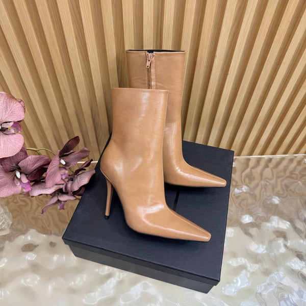 YSL Pointed-Toe Stiletto Ankle Boots 8CM Beige Leather 955830