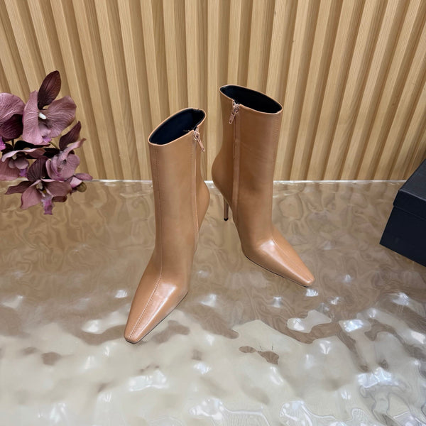 YSL Pointed-Toe Stiletto Ankle Boots 8CM Beige Leather 955830