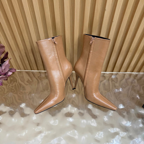YSL Pointed-Toe Stiletto Ankle Boots 8CM Beige Leather 955830