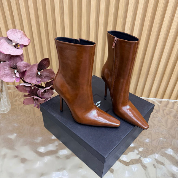 YSL Pointed-Toe Stiletto Ankle Boots 8CM Dark Brown Leather 955829