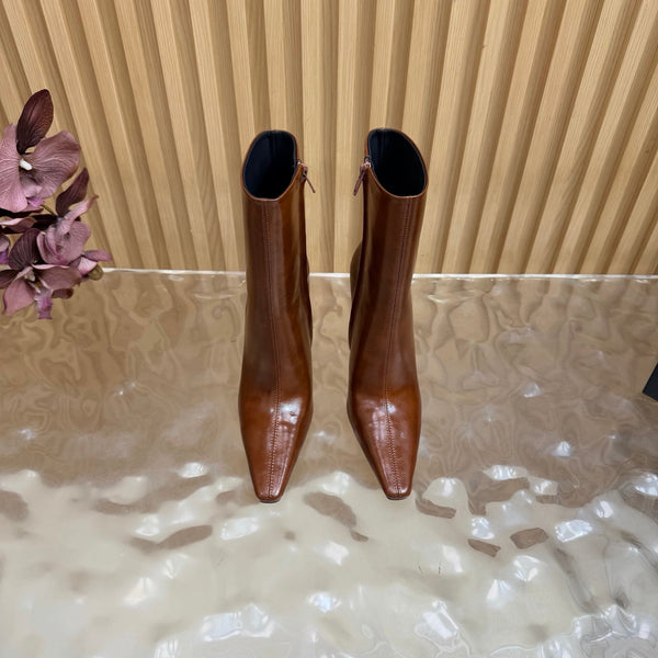 YSL Pointed-Toe Stiletto Ankle Boots 8CM Dark Brown Leather 955829