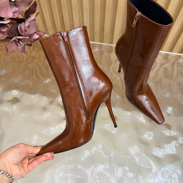 YSL Pointed-Toe Stiletto Ankle Boots 8CM Dark Brown Leather 955829