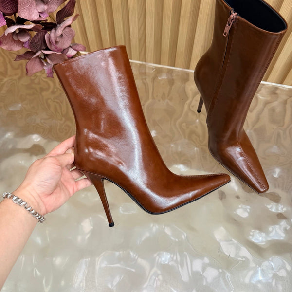 YSL Pointed-Toe Stiletto Ankle Boots 8CM Dark Brown Leather 955829