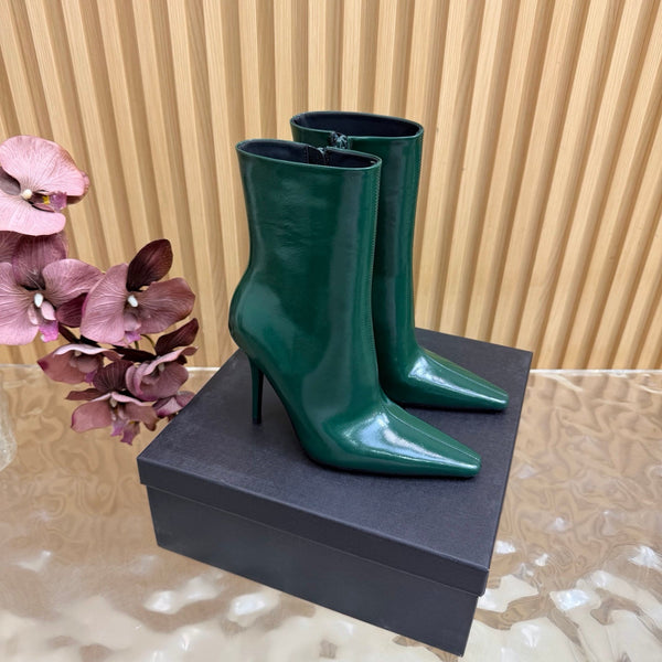 YSL Pointed-Toe Stiletto Ankle Boots 8CM Dark Green Leather 955828