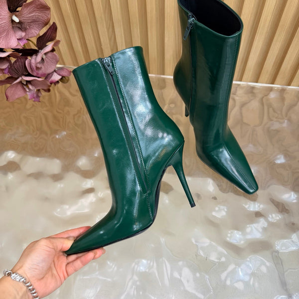 YSL Pointed-Toe Stiletto Ankle Boots 8CM Dark Green Leather 955828