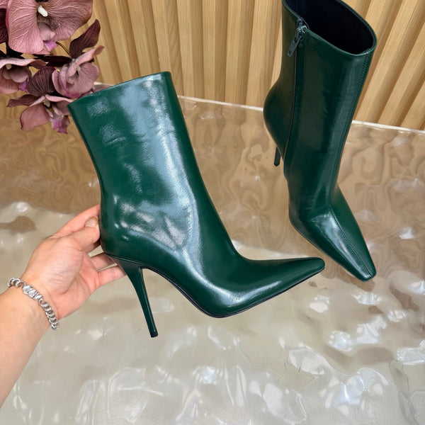 YSL Pointed-Toe Stiletto Ankle Boots 8CM Dark Green Leather 955828