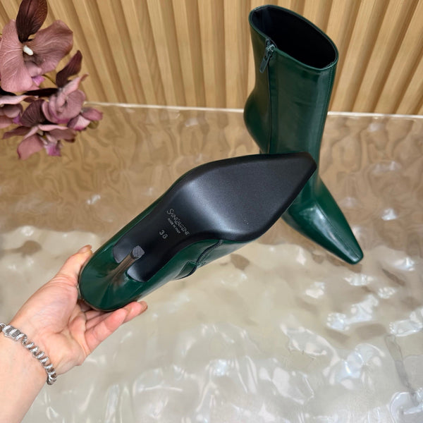 YSL Pointed-Toe Stiletto Ankle Boots 8CM Dark Green Leather 955828