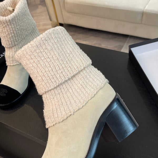 CC Sock Ankle Boots Block Heel 6cm Cream Black Suede Knit 958124