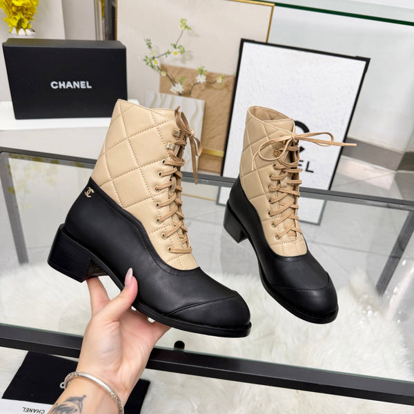 CC Lace-Up Ankle Boots 5CM Beige Black Quilted Leather 958902