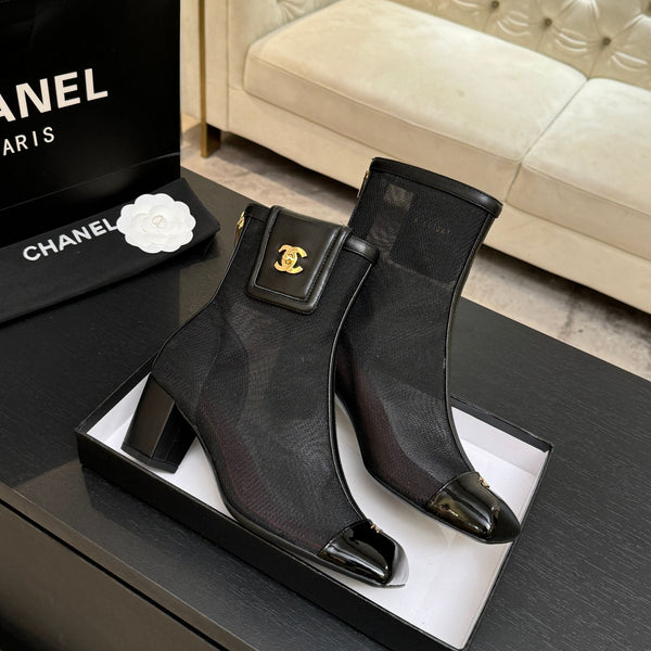 CC Ankle Boots White Square Toe Black Mesh Patent Leather 958069