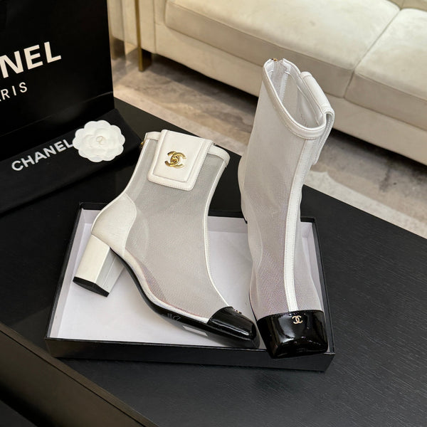 CC Ankle Boots White Square Toe White Black Mesh Patent Leather 958068
