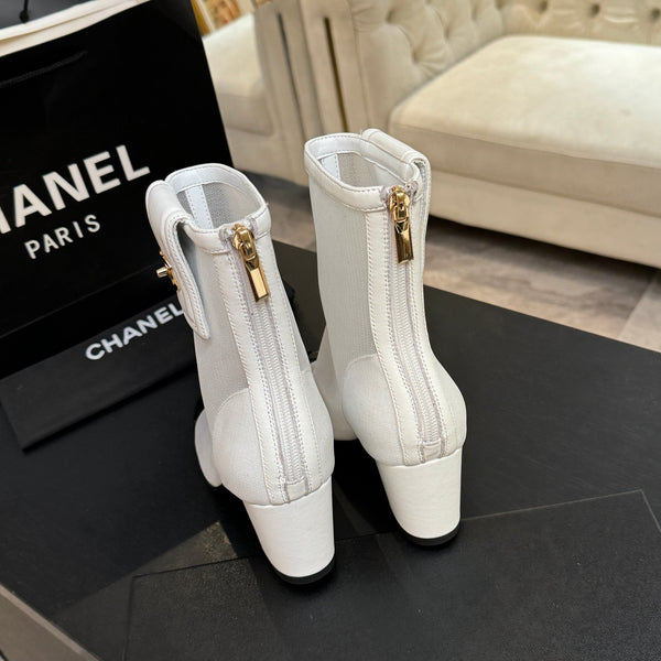 CC Ankle Boots White Square Toe White Black Mesh Patent Leather 958068