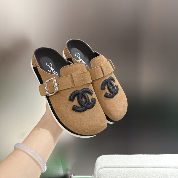 CC Slip-On Mules Crystal Buckle Brown Suede 960362