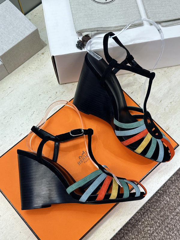 HM Wedge Sandals 10.5CM Black Multicolor Suede 959360