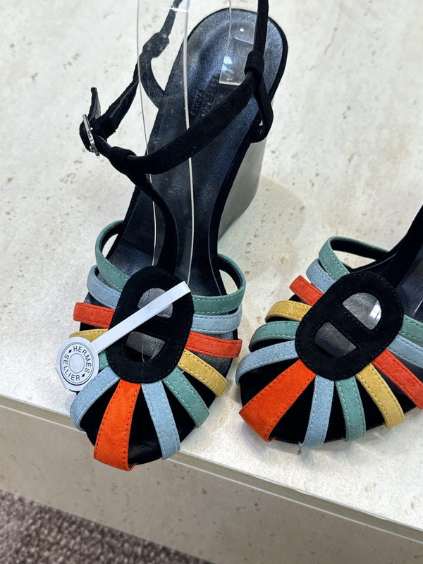 HM Wedge Sandals 10.5CM Black Multicolor Suede 959360