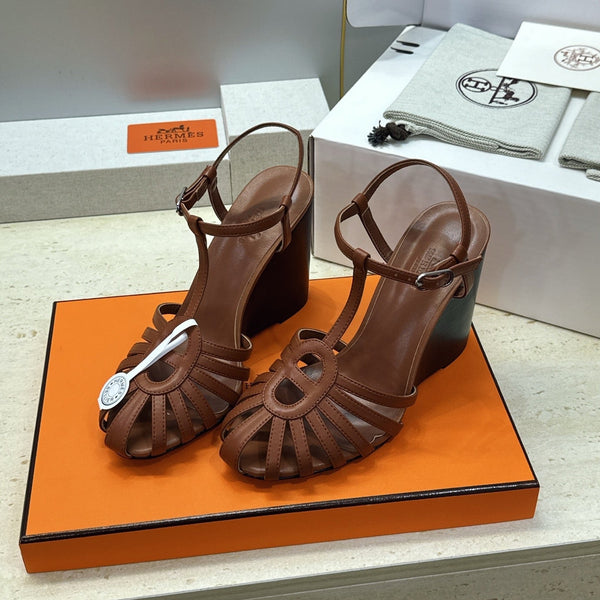 HM Wedge Sandals 10.5CM Brown Leather 959355